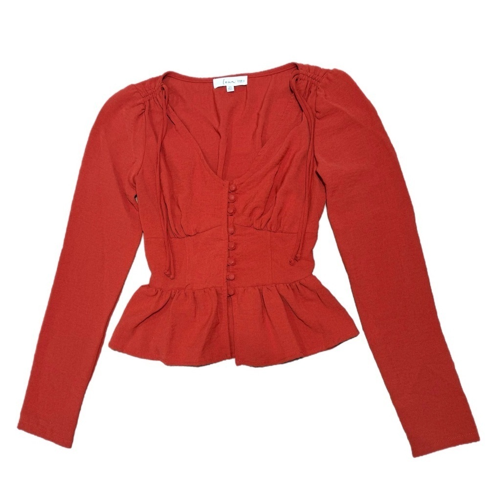 Louna Designer Blouse Red Orange Ruffle Hem Cinched Waist Long Sleeve Sz XS - Picture 6 of 9